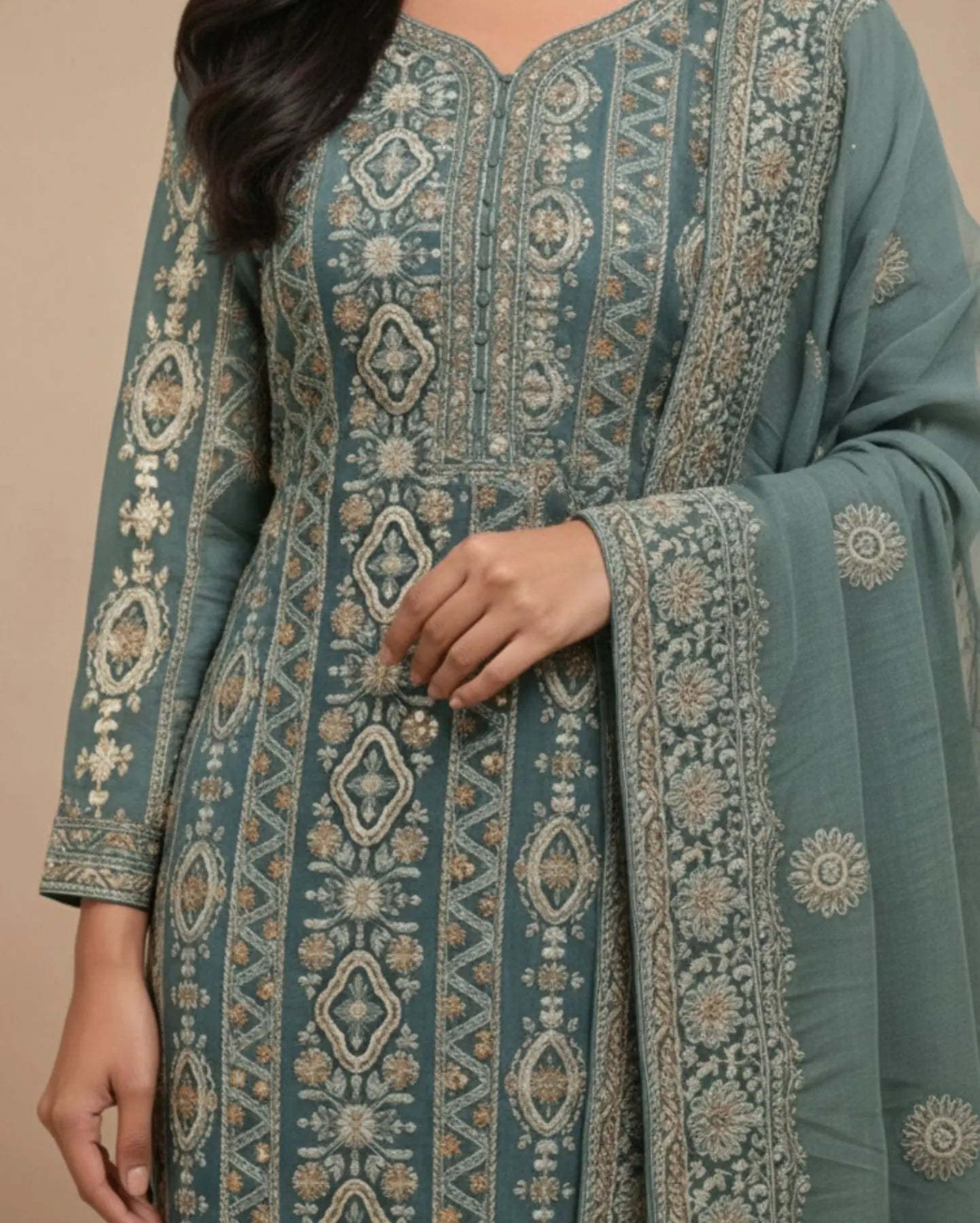 Unstitched Dusty Mustard Olive Green Viscose-Georgette Fabric Adorned With Delicate Ivory Thread Embroidered Suit Material