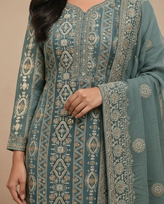 Unstitched Dusty Mustard Olive Green Viscose-Georgette Fabric Adorned With Delicate Ivory Thread Embroidered Suit Material