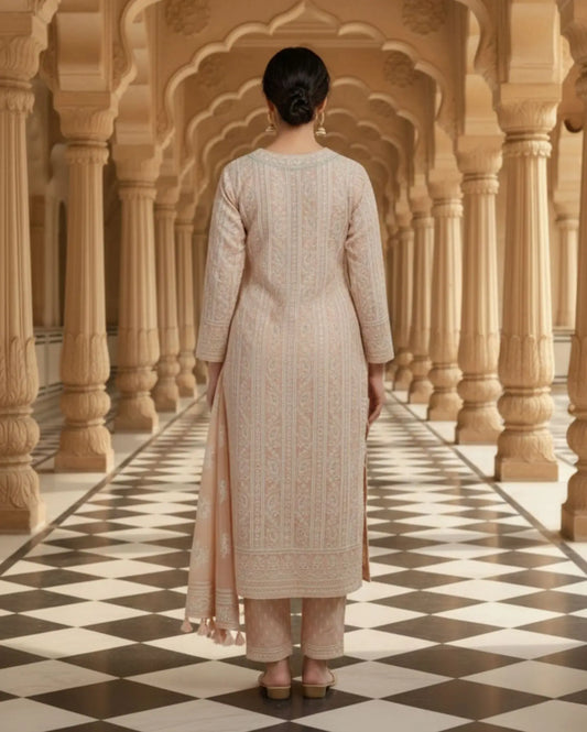 Unstitched Soft Peach Georgette Suit With Ivory Resham Embroidery And Subtle Sequin Highlights