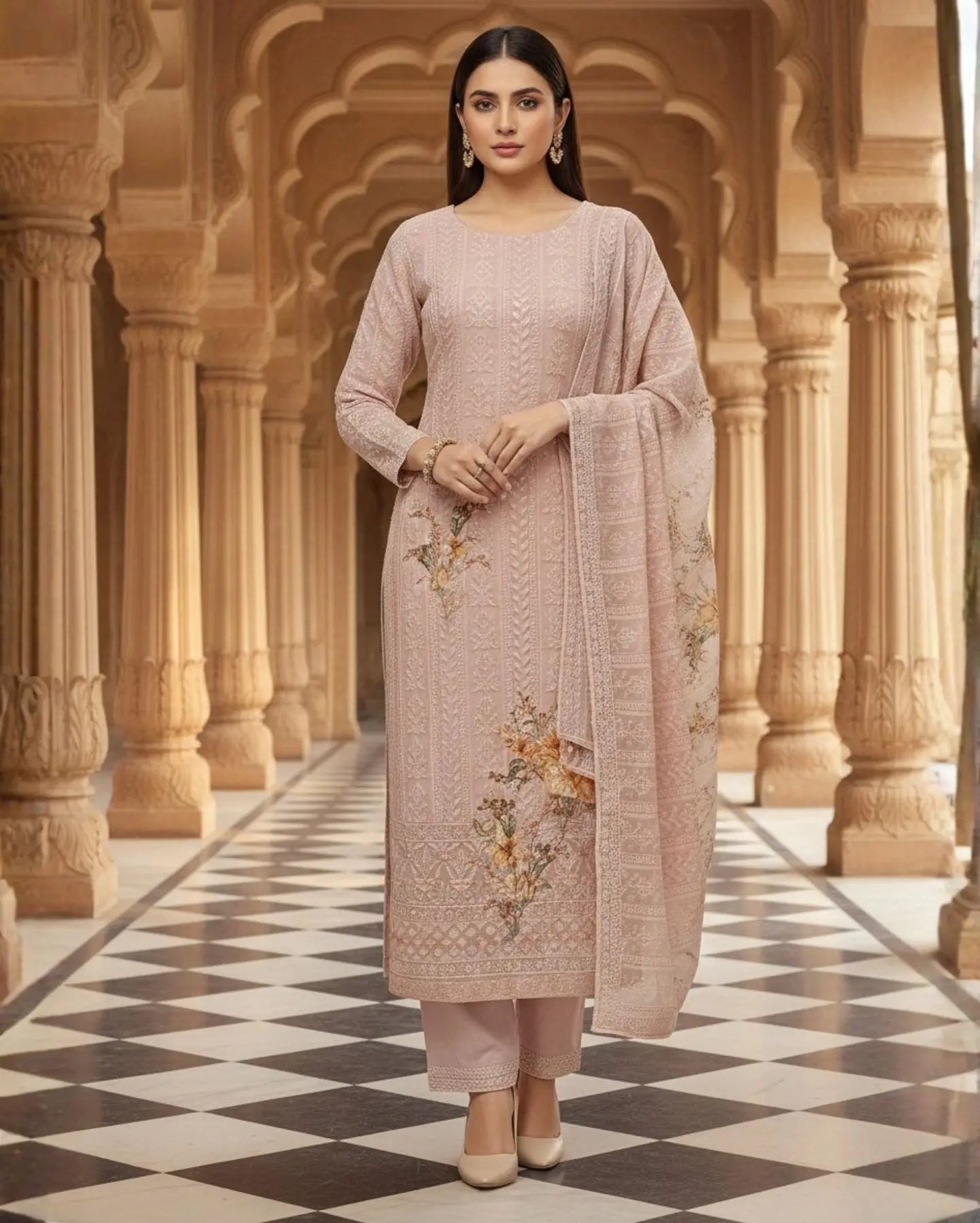 Pastel Lavender Unstitched Chiffon Suit Set With Dupatta Adorned With Floral Threadwork