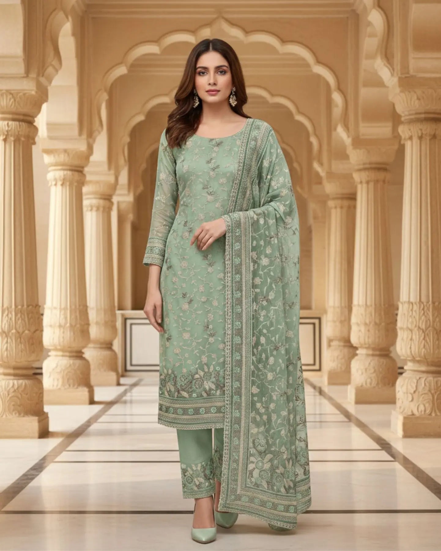 Unstitched Soft Sea-Green Organza Fabric Adorned With Delicate Ivory Thread Embroidered Suit Material