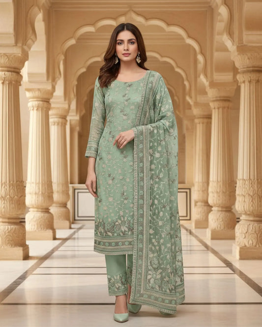 Unstitched Soft Sea-Green Organza Fabric Adorned With Delicate Ivory Thread Embroidered Suit Material