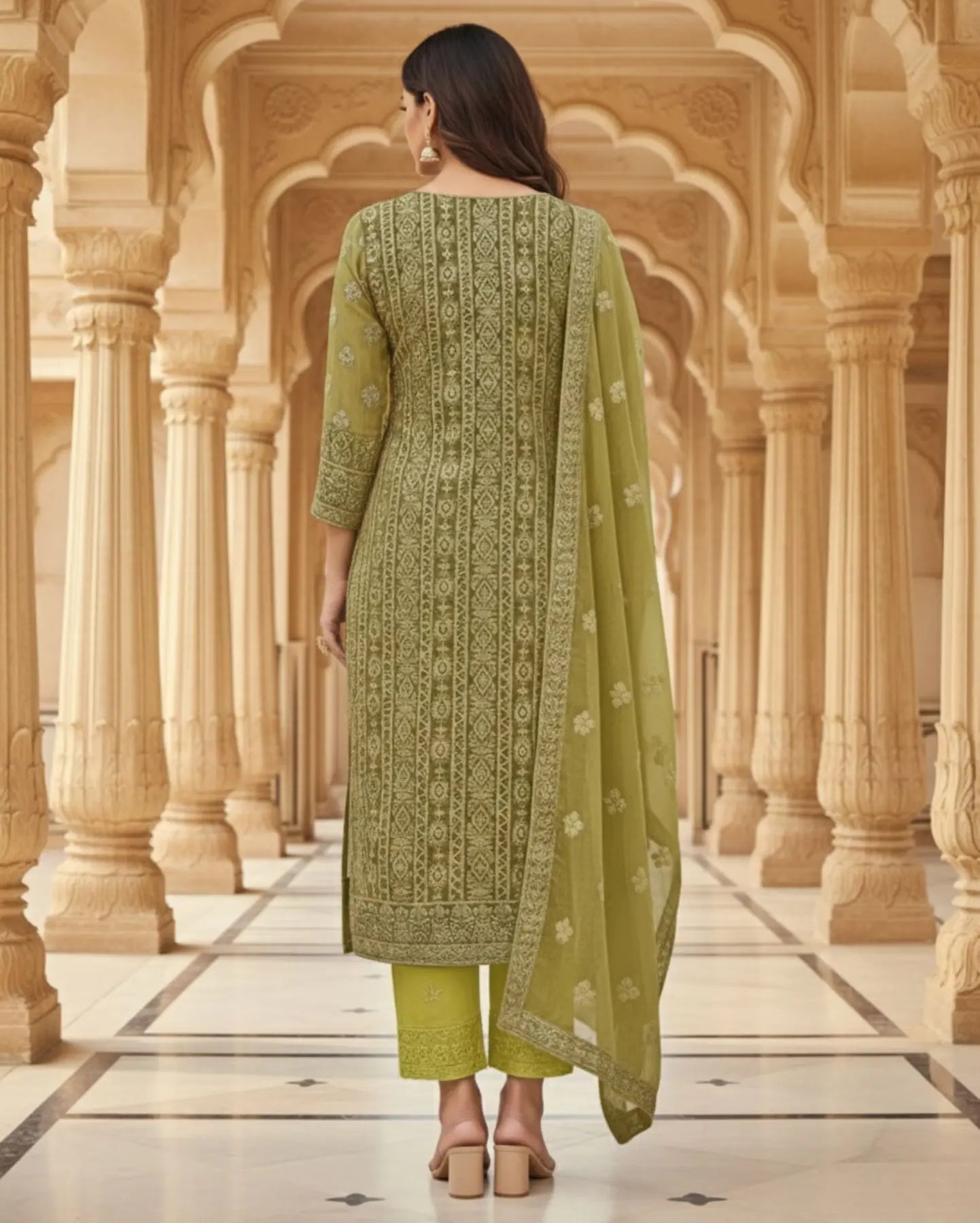 Unstitched Dusty Teal Green Viscose-Georgette Fabric Adorned With Delicate Ivory Thread Embroidered Suit Material