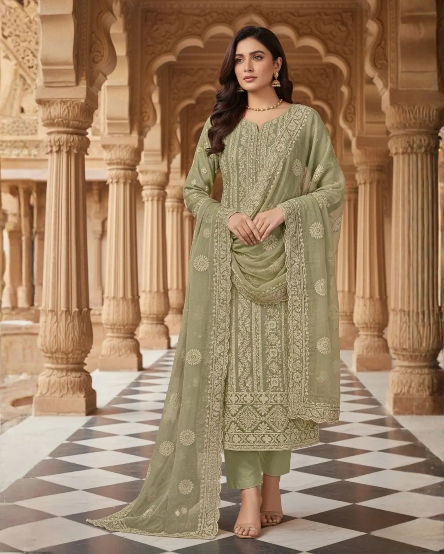 Unstitched Pastel Pistachio Green Chiffon Suit With Intricate Ivory Threadwork And Subtle Sequin Sparkle