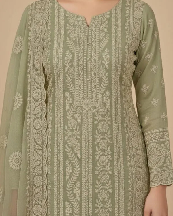 Unstitched Pastel Pistachio Green Chiffon Suit With Intricate Ivory Threadwork And Subtle Sequin Sparkle