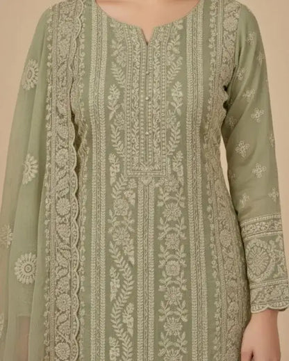 Unstitched Pastel Pistachio Green Chiffon Suit With Intricate Ivory Threadwork And Subtle Sequin Sparkle