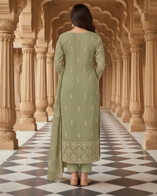 Unstitched Pastel Pistachio Green Chiffon Suit With Intricate Ivory Threadwork And Subtle Sequin Sparkle