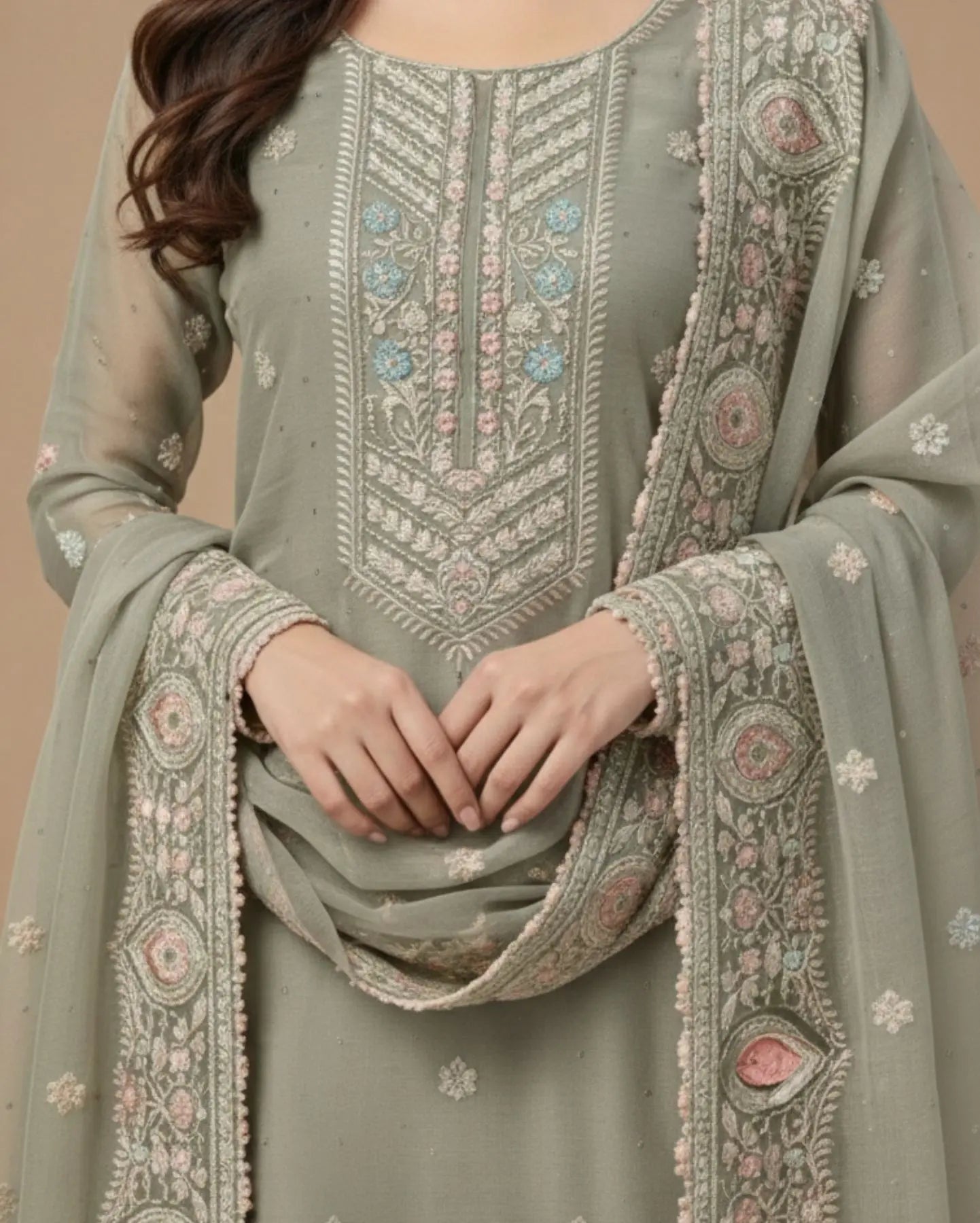 Muted Grey Semi-Stitched Organza With Floral Embroidery Suit Set With Dupatta