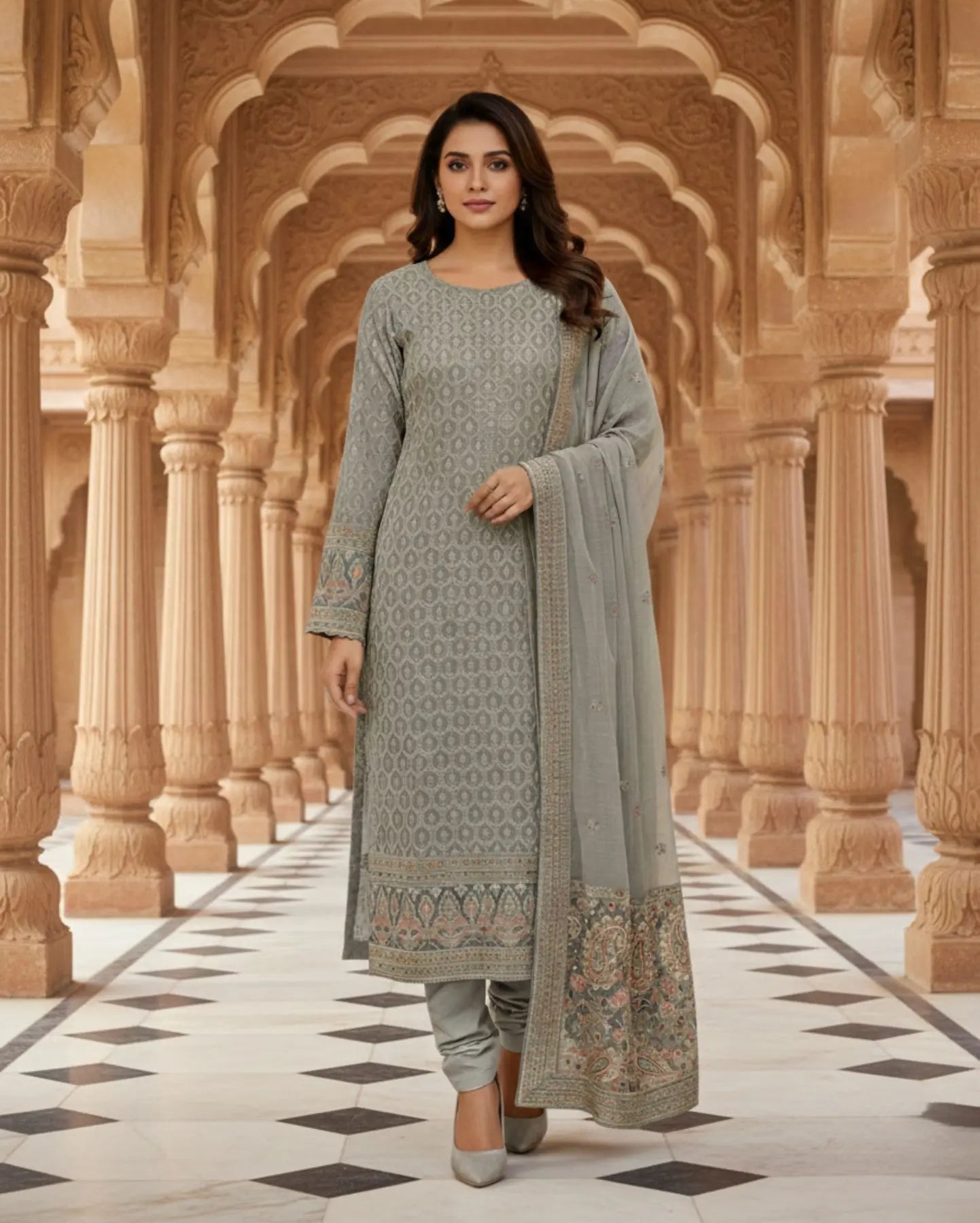 Unstitched Soft Dove-Grey Georgette Suit With Ivory Thread Embroidery And Subtle Sequin Highlights