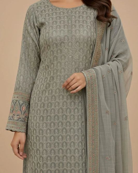 Unstitched Soft Dove-Grey Georgette Suit With Ivory Thread Embroidery And Subtle Sequin Highlights