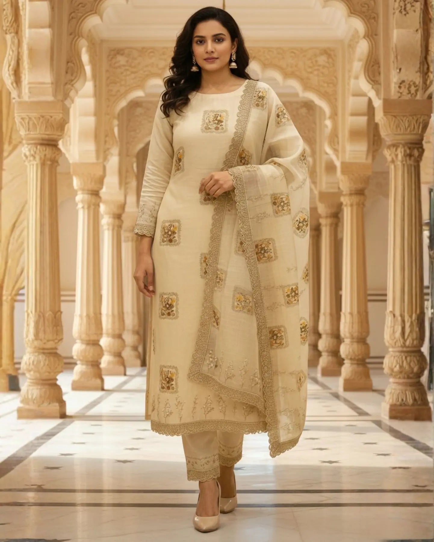 Unstitched Soft Beige Linen-Rayon Suit With Subtle Faded Floral Prints For An Understated, Elegant Look