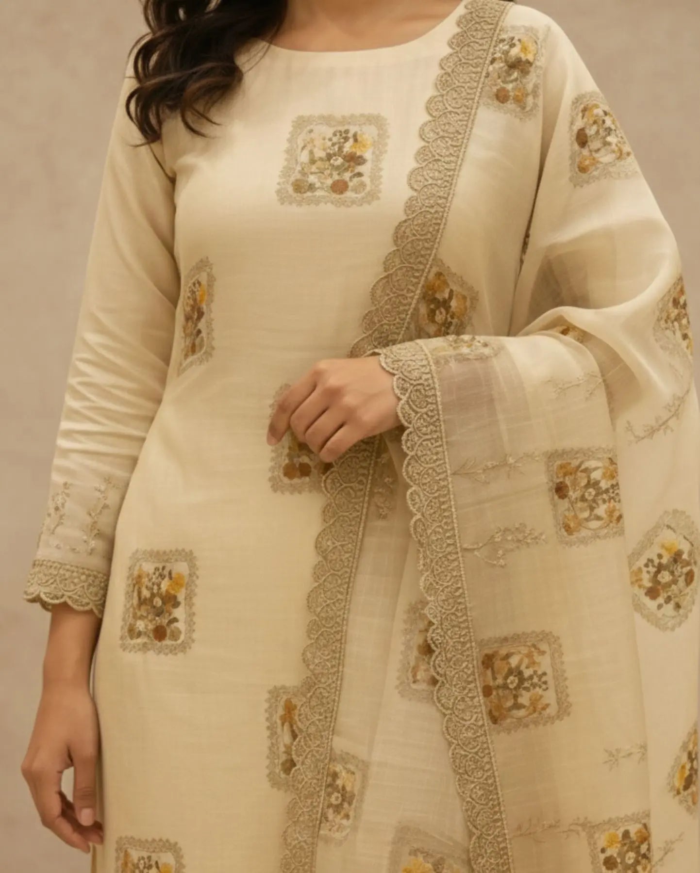 Unstitched Soft Beige Linen-Rayon Suit With Subtle Faded Floral Prints For An Understated, Elegant Look