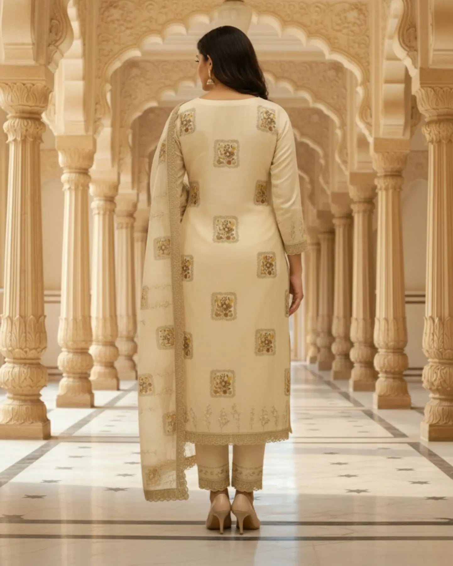 Unstitched Soft Beige Linen-Rayon Suit With Subtle Faded Floral Prints For An Understated, Elegant Look