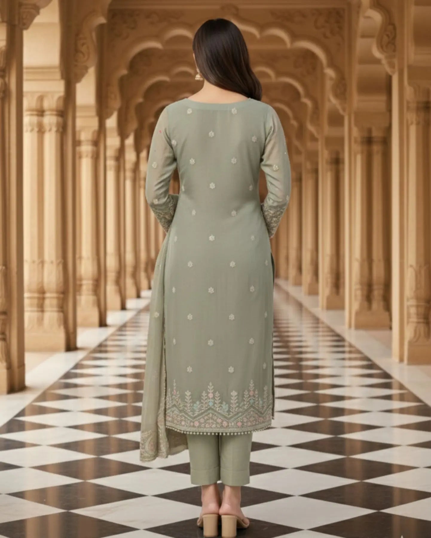 Muted Grey Semi-Stitched Organza With Floral Embroidery Suit Set With Dupatta