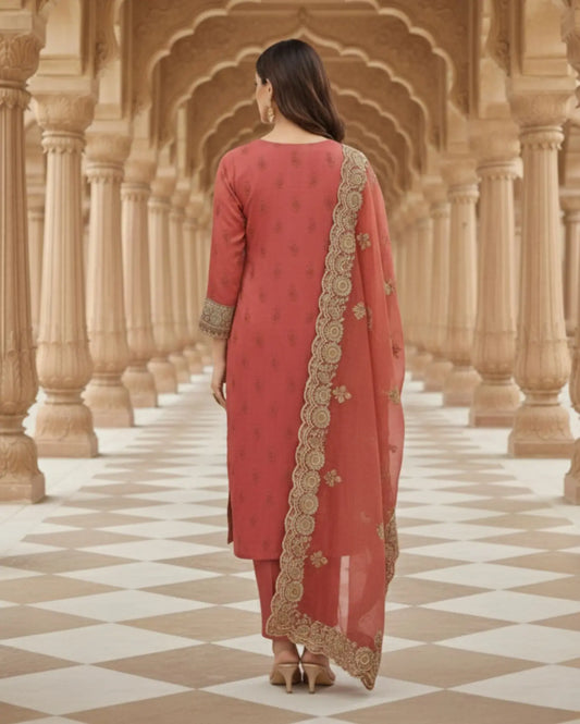 Watermelon Pink Semi-Stitched Tissue Suit Set With Dupatta With Delicate Pastel Sequin Embroidery