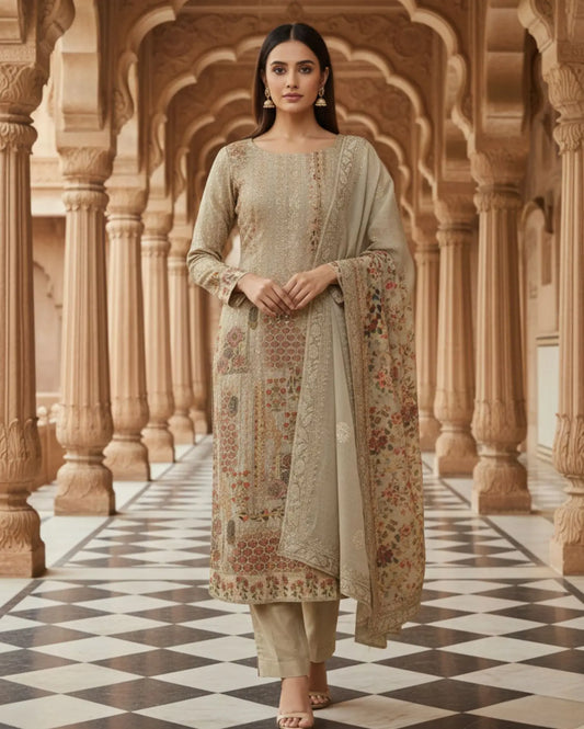 Beige Unstitched Multicoloured Embroidery And Mirror-Sequin Textured Chiffon Suit Set With Dupatta