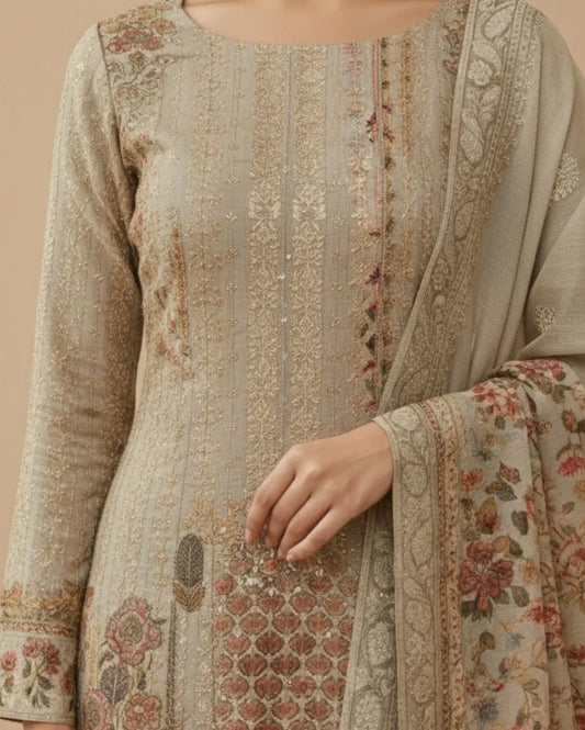 Beige Unstitched Multicoloured Embroidery And Mirror-Sequin Textured Chiffon Suit Set With Dupatta
