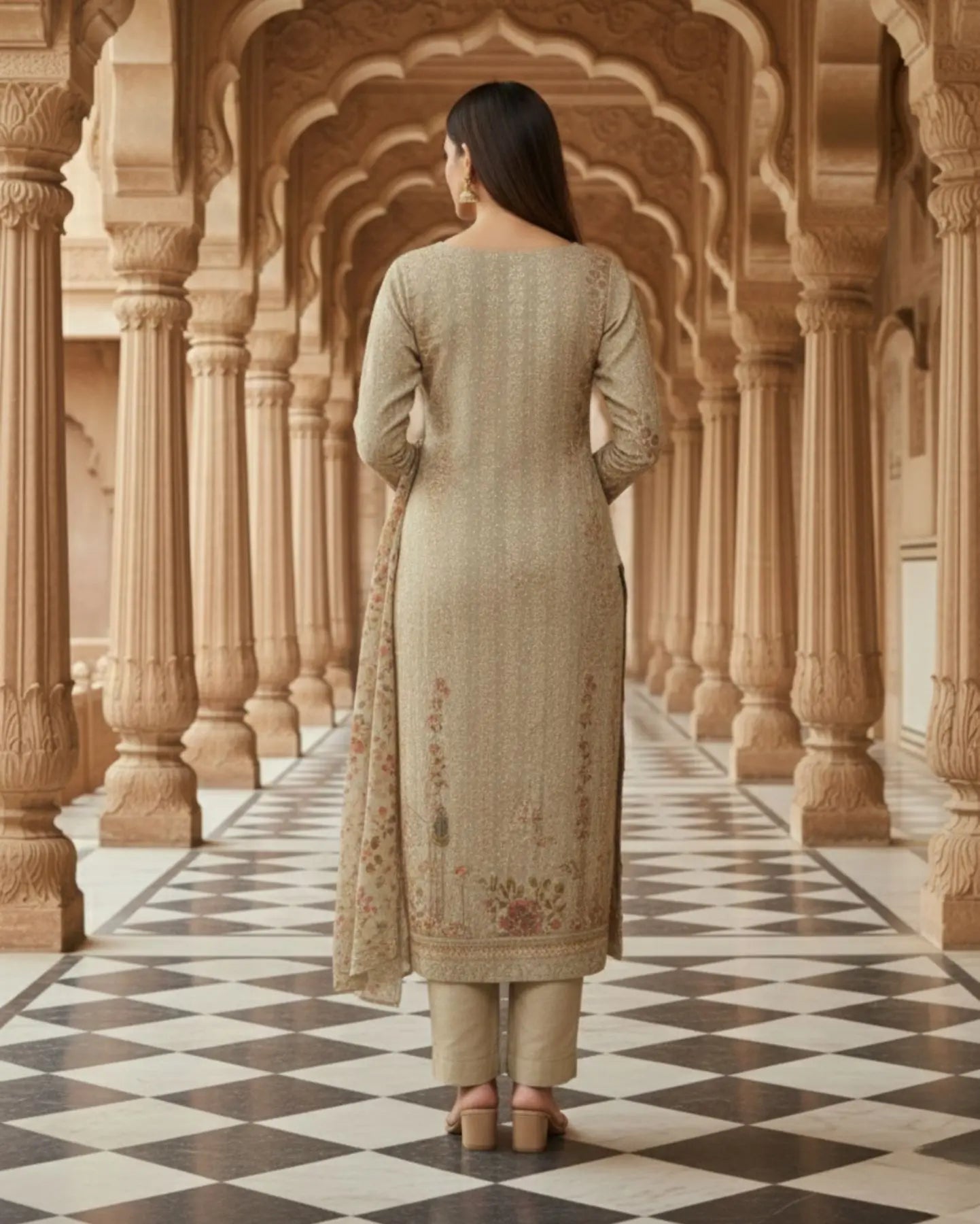 Beige Unstitched Multicoloured Embroidery And Mirror-Sequin Textured Chiffon Suit Set With Dupatta