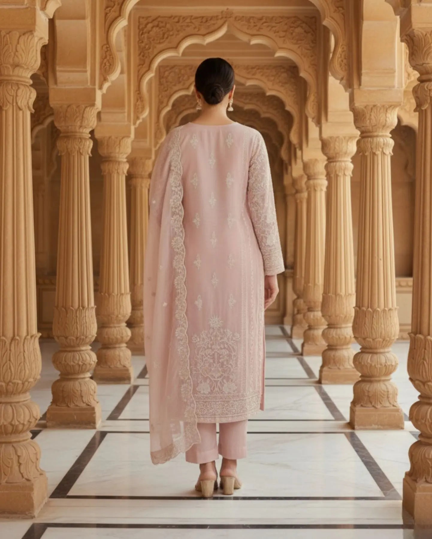 Semi-Stitched Soft Blush Pink Georgette Suit With Intricate Pastel Thread And Sequin Embroidery