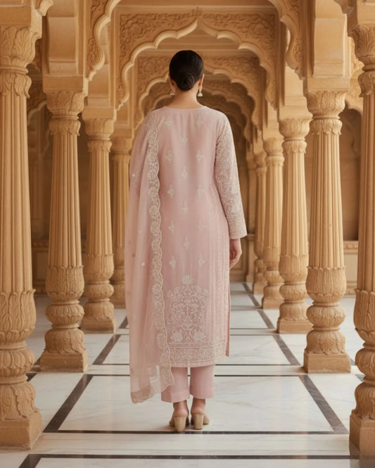 Semi-Stitched Soft Blush Pink Georgette Suit With Intricate Pastel Thread And Sequin Embroidery