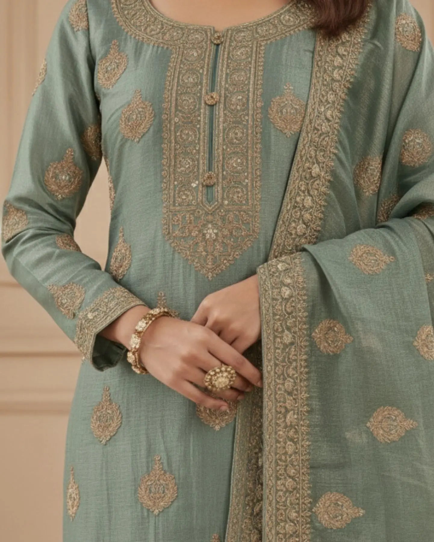 Icy Aqua Blue Semi-Stitched Tissue Silk Suit With Dupatta With Golden Sequin And Thread Embroidery