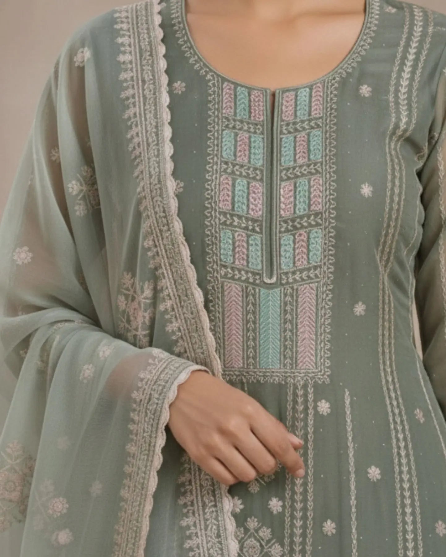 Semi-Stitched Sage Green Sheer Organza With Pastel Zari Embroidered Suit Material