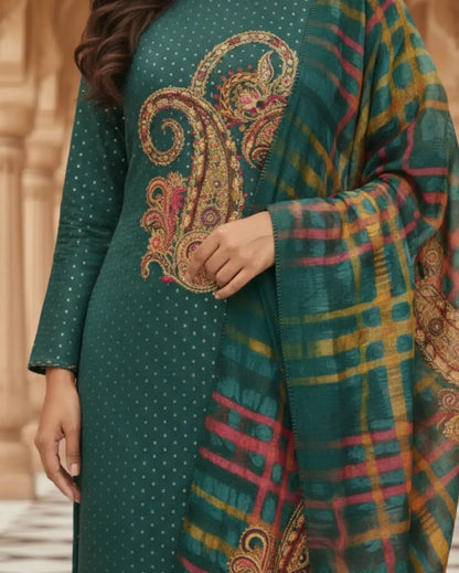 Unstitched Emerald-Teal Satin Suit Enhanced With Mirror Applique And Floral Threadwork