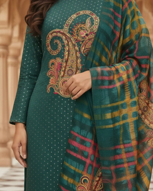 Unstitched Emerald-Teal Satin Suit Enhanced With Mirror Applique And Floral Threadwork