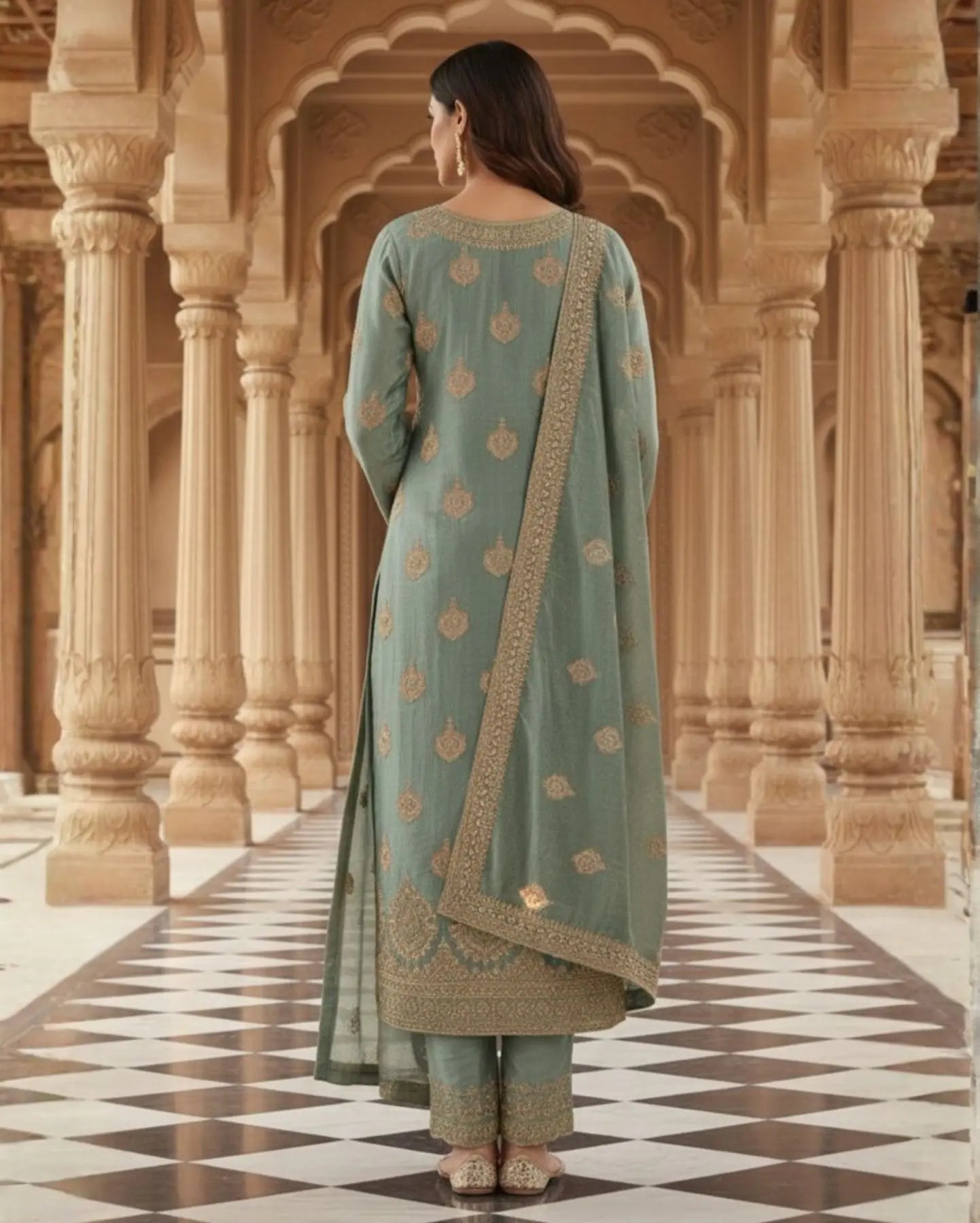 Icy Aqua Blue Semi-Stitched Tissue Silk Suit With Dupatta With Golden Sequin And Thread Embroidery