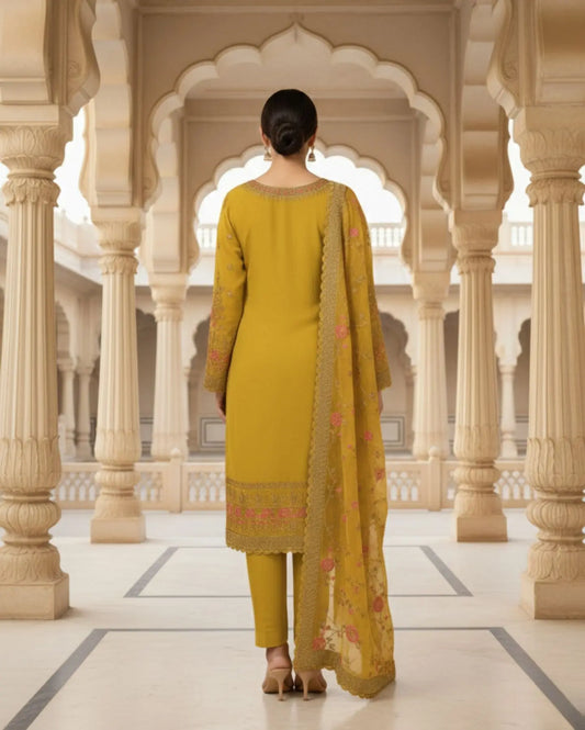 Semi-stitched Soft Chiffon-Muslin In Mustard-Gold With Delicate Sequin Floral Embroidery Suit Material