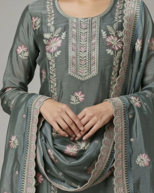 Semi-Stitched Shimmer Net Fabric In Deep Olive With Multicoloured Thread Embroidery Suit Material