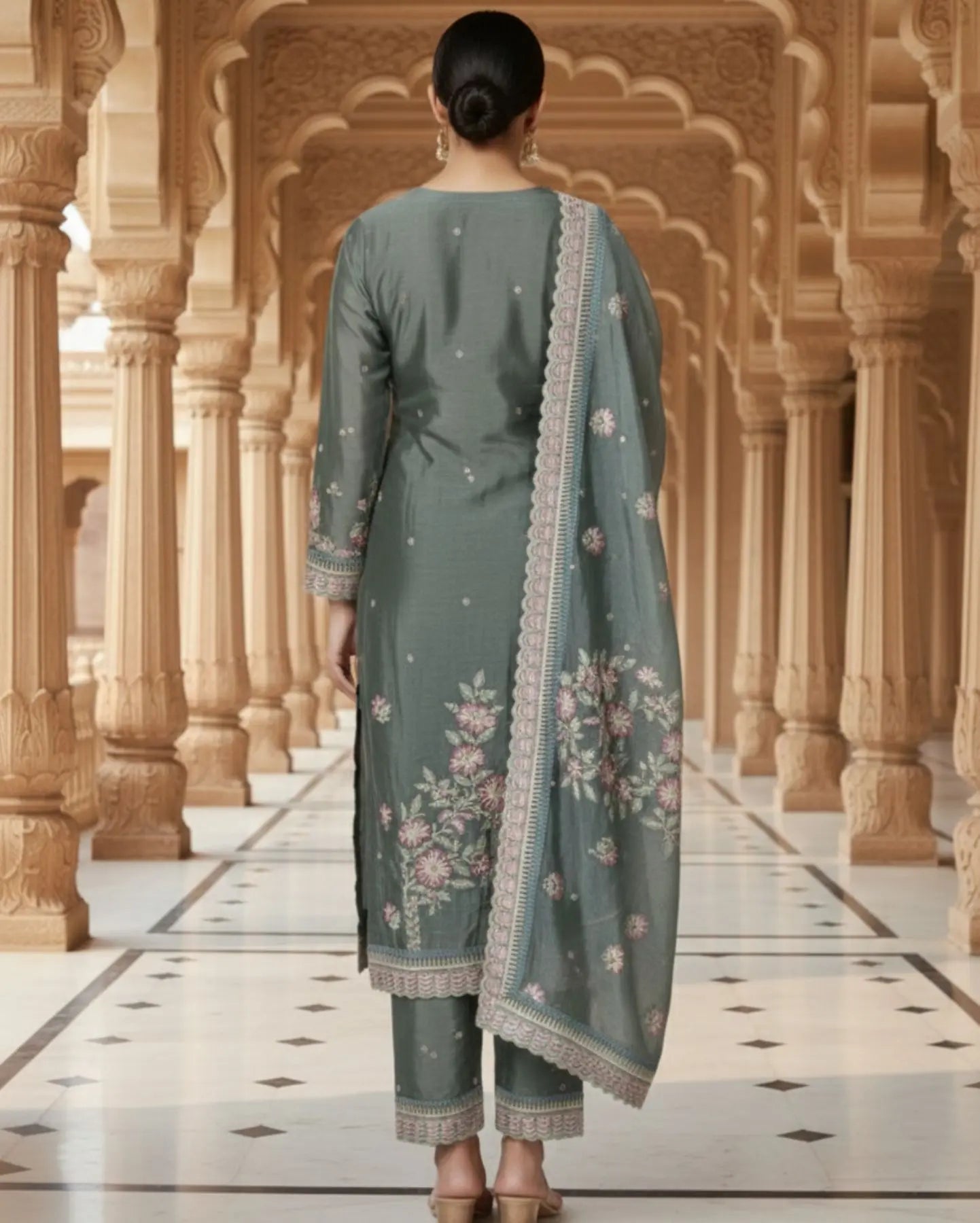Semi-Stitched Shimmer Net Fabric In Deep Olive With Multicoloured Thread Embroidery Suit Material