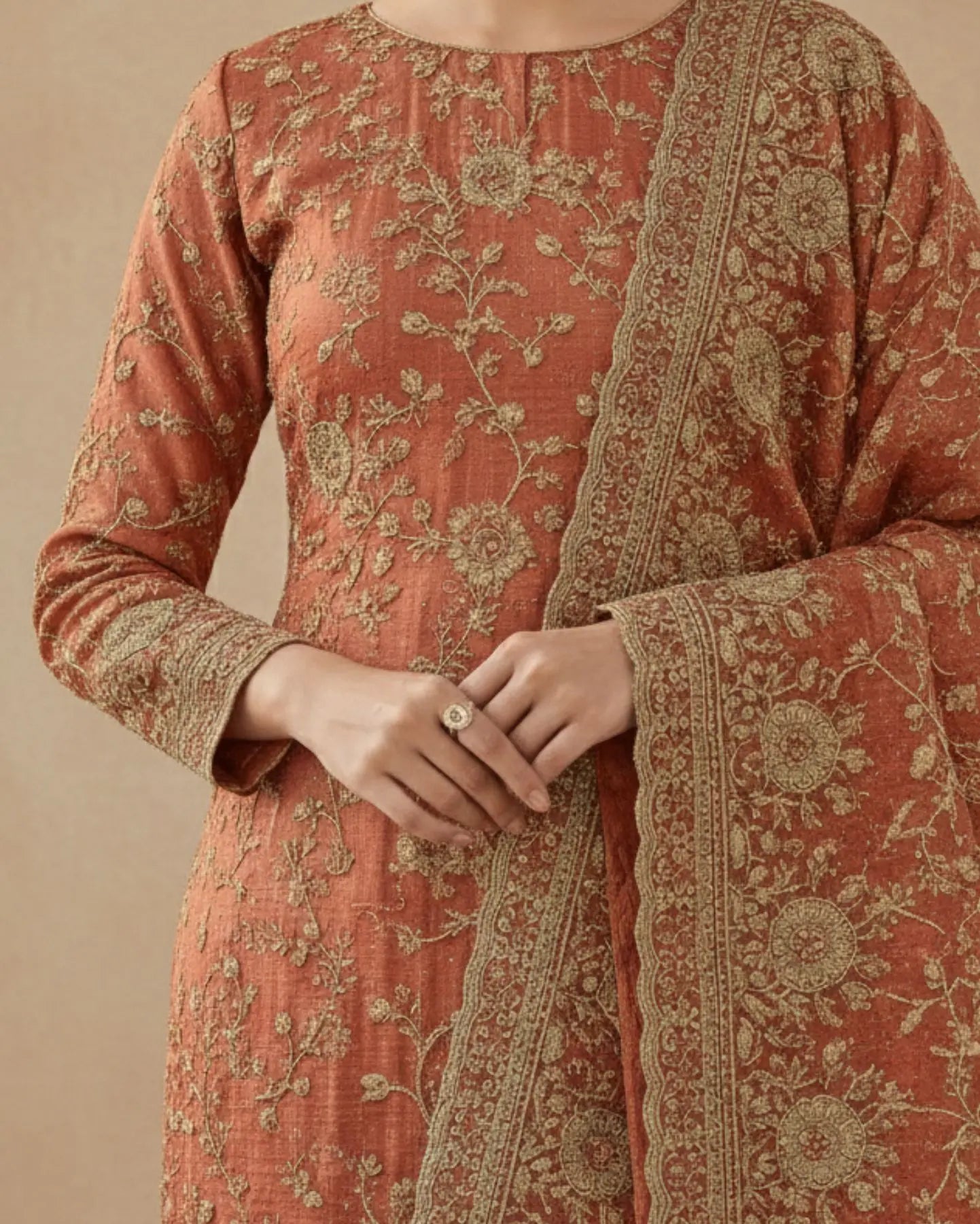 Unstitched Rose-Red Tissue Silk With Zari Work Suit Material