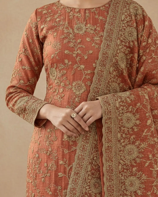 Unstitched Rose-Red Tissue Silk With Zari Work Suit Material