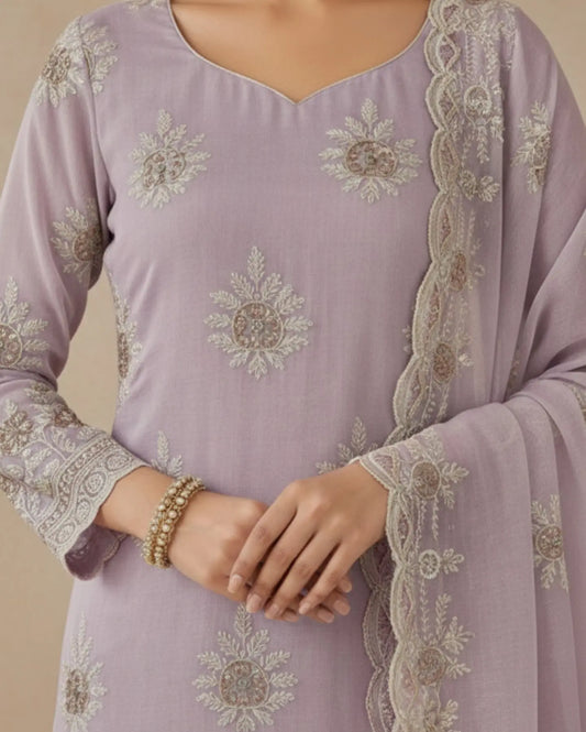 Semi-Stitched Mauve Lilac Chiffon Suit With Heavy Floral Sequin Border Detailing