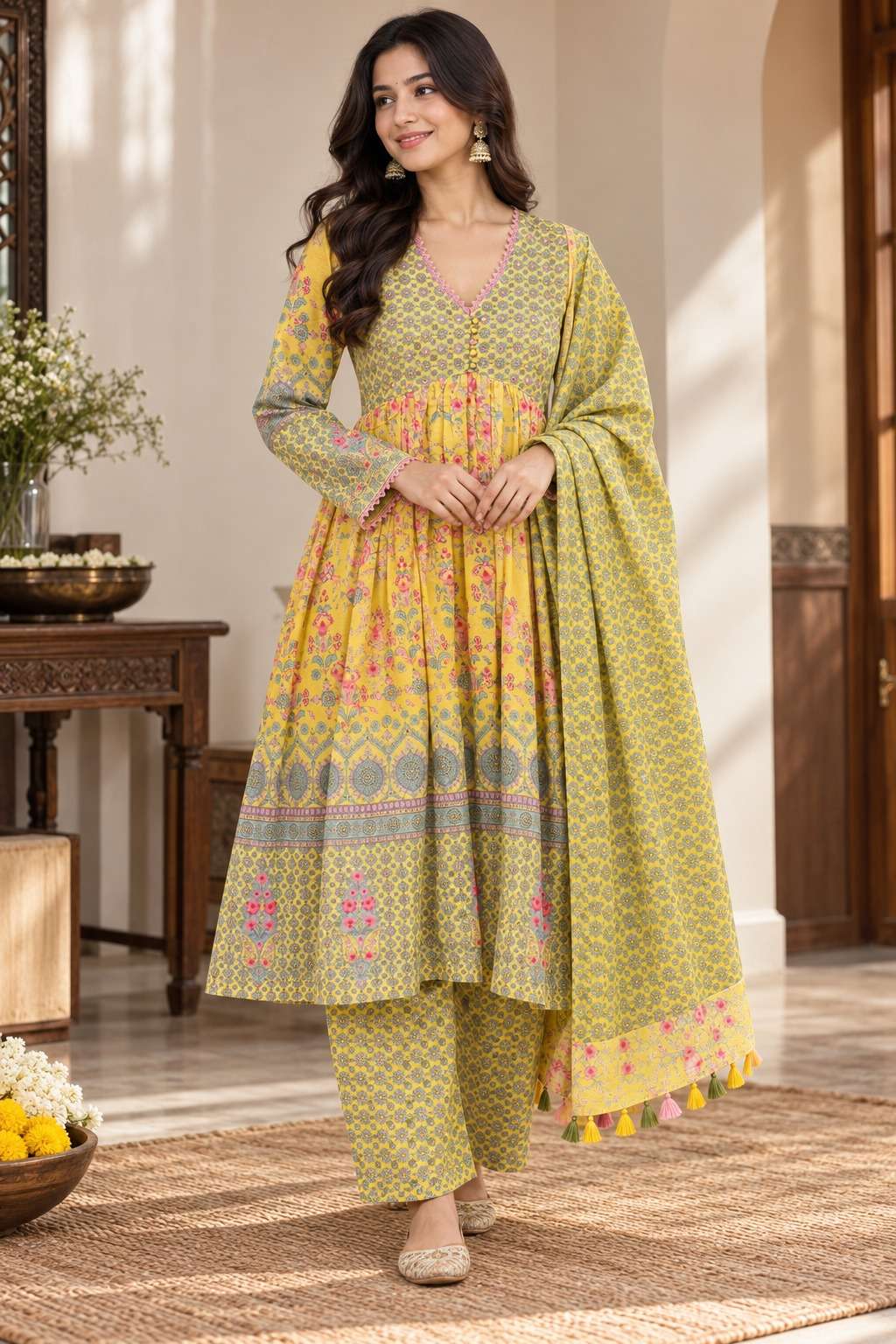 Yellow Floral Printed Mul Cotton Kurta and Palazzo Pant With Dupatta
