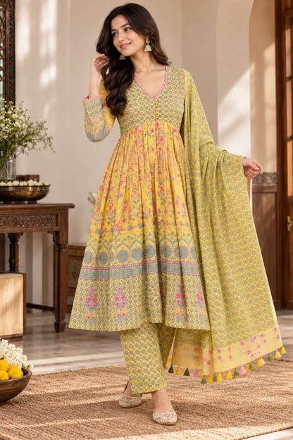 Yellow Floral Printed Mul Cotton Kurta and Palazzo Pant With Dupatta